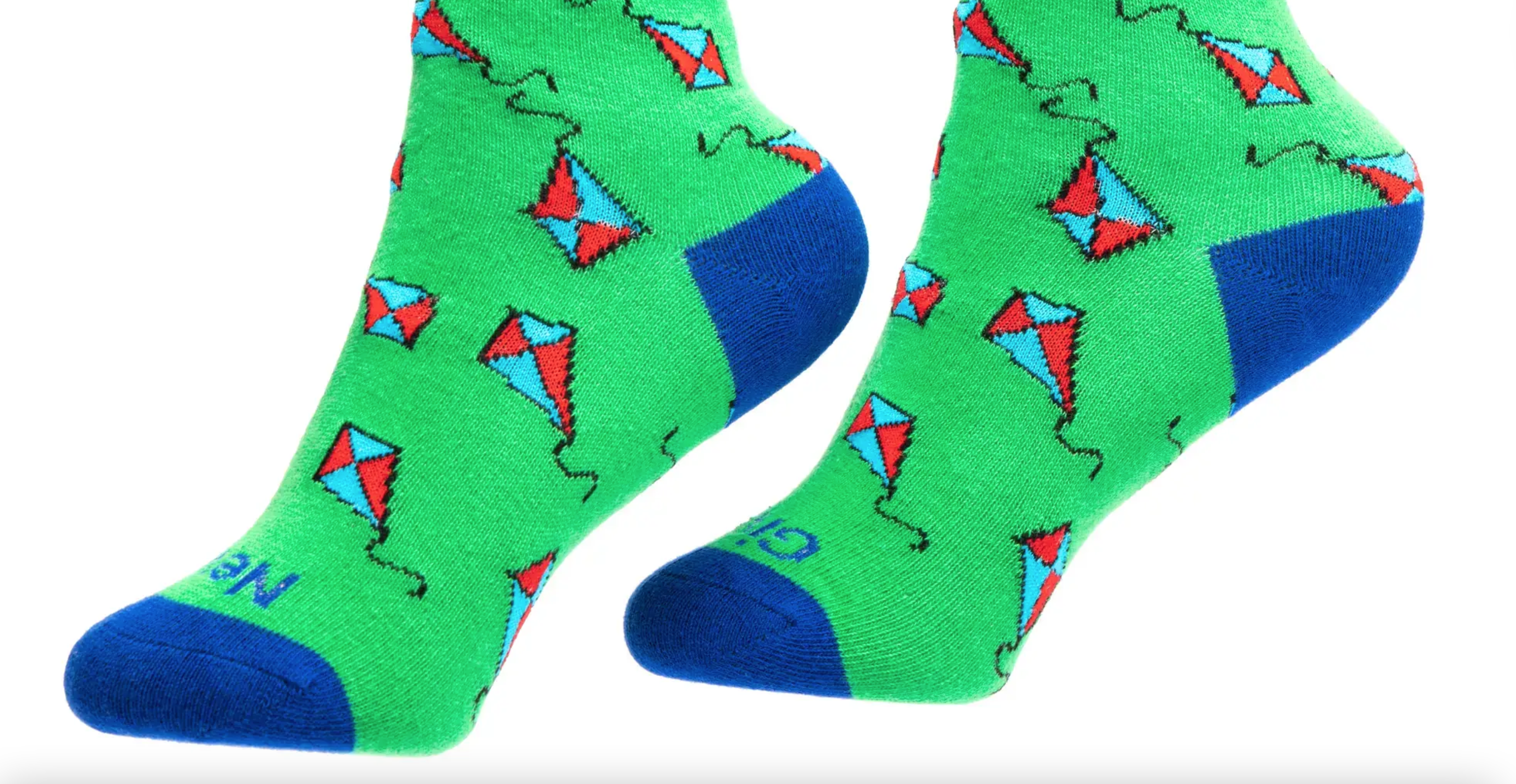 Green and blue socks with red kite design